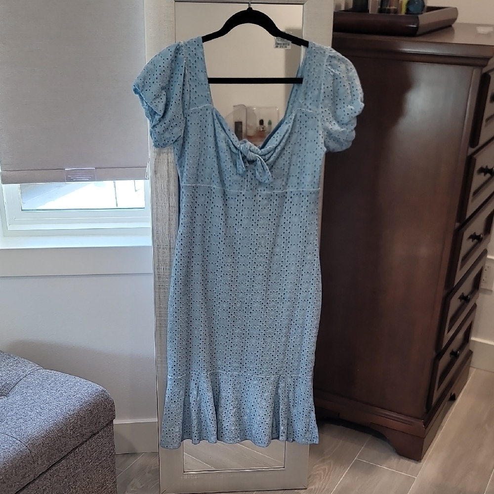 Guess Blue Ruffled Midi Dress with Puff Sleeves